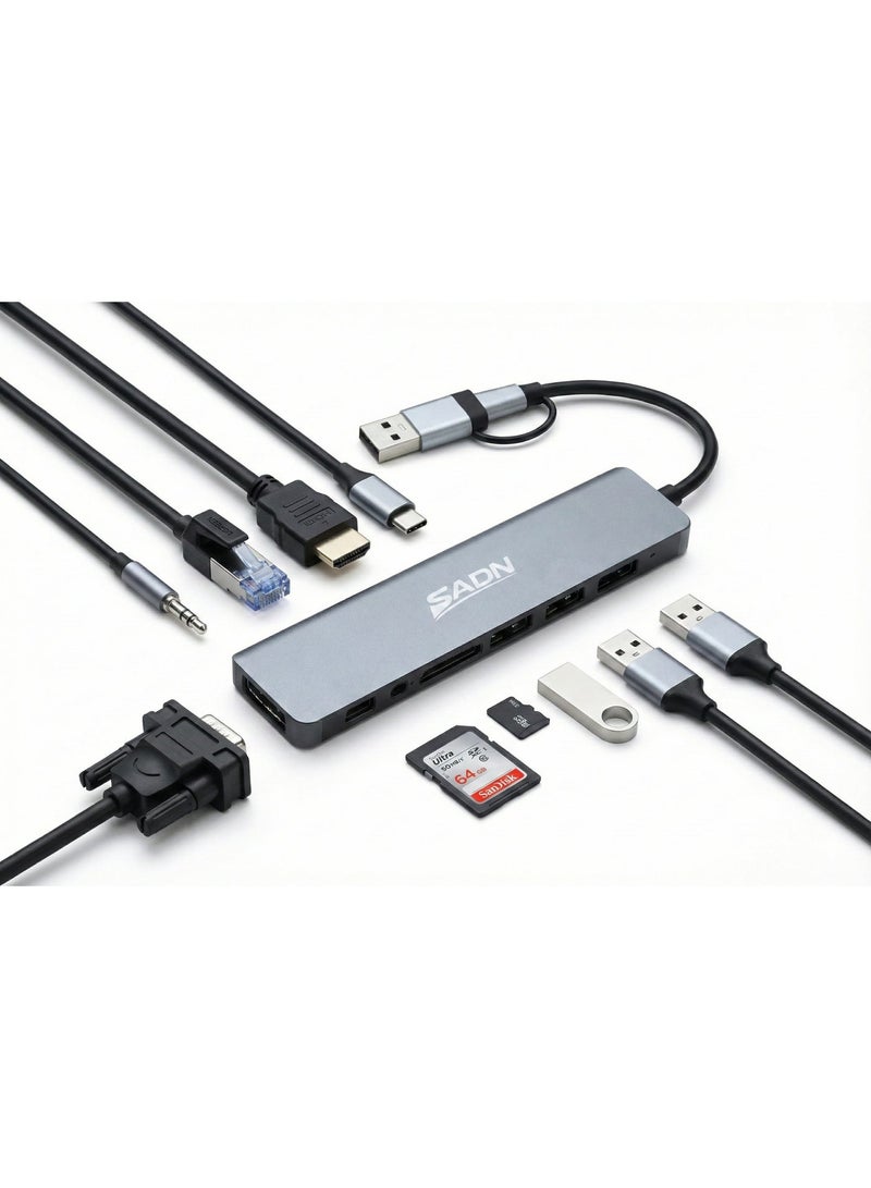 Sadn 8-in-1 USB-C Hub & Docking Station, Dual Connector (USB-C + USB-A Adapter), 4K HDMI, VGA, Gigabit Ethernet, 2x USB 3.0, SD/TF Card Reader, 100W PD Charging Port, Aluminum - Grey - Image 1